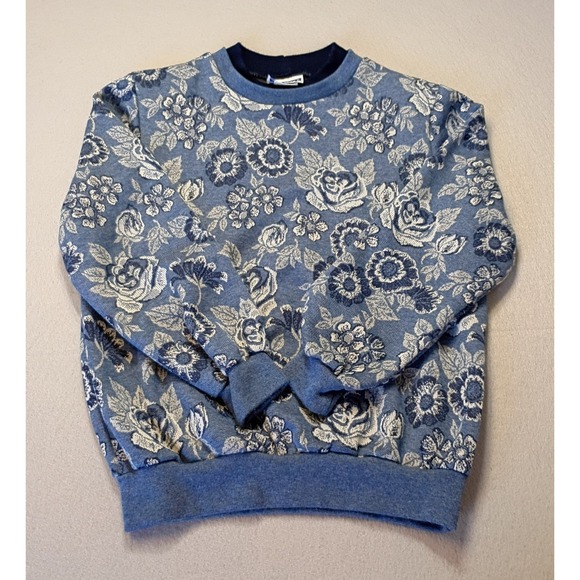 Vintage Cape Cod Sportswear Women's Blue Sweater Floral Sz S Shoulder Pads - Picture 1 of 13